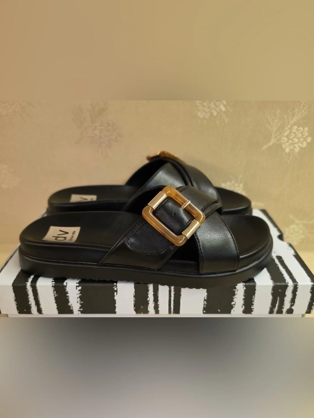 DV Dolce Vita Usha Black Slide Sandals Tortoise Buckle Platform Shoes US 8 M
